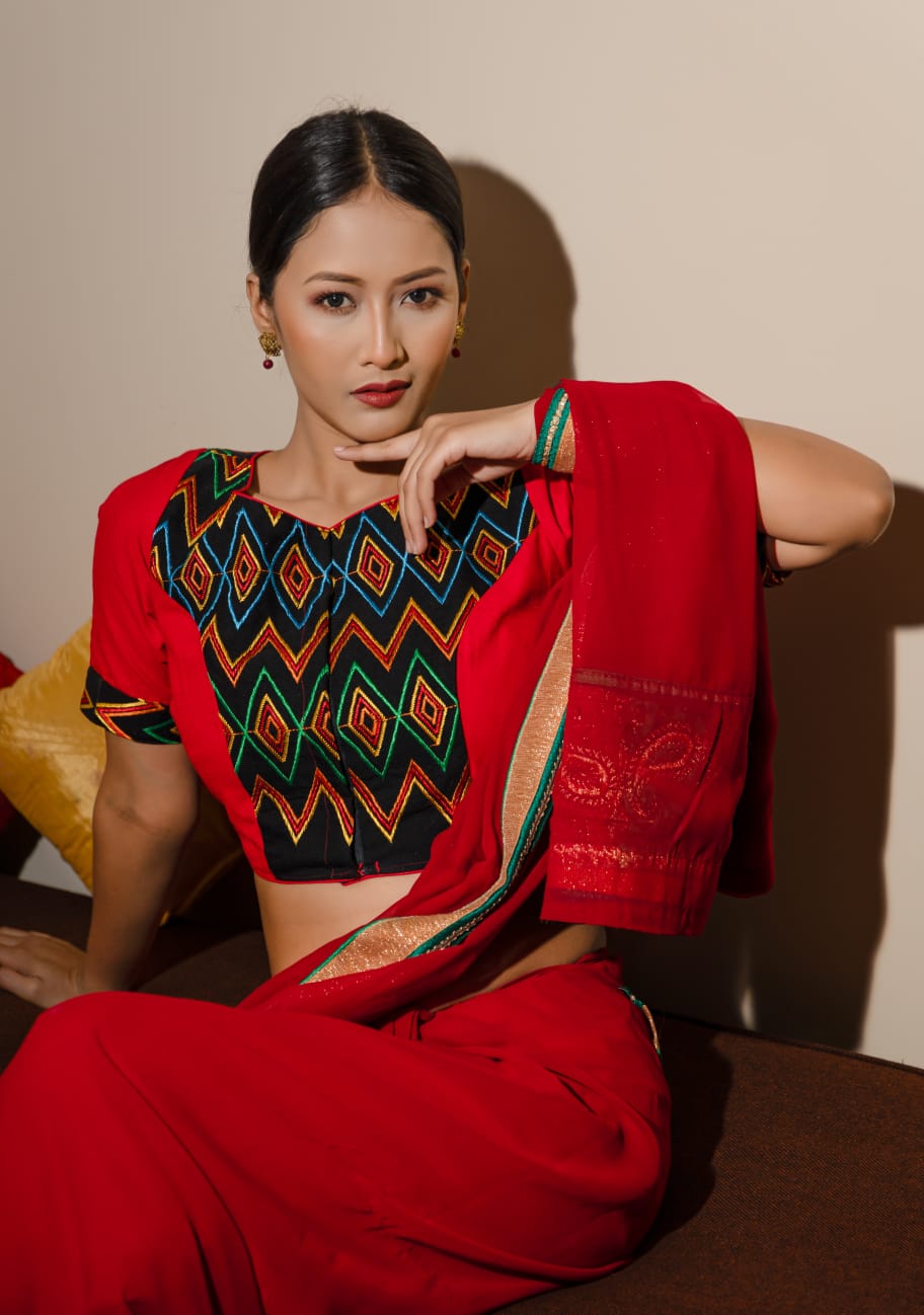 BOAT NECK BLOUSE WITH MOTIFS OF KONYAK TRIBE FROM NAGALAND